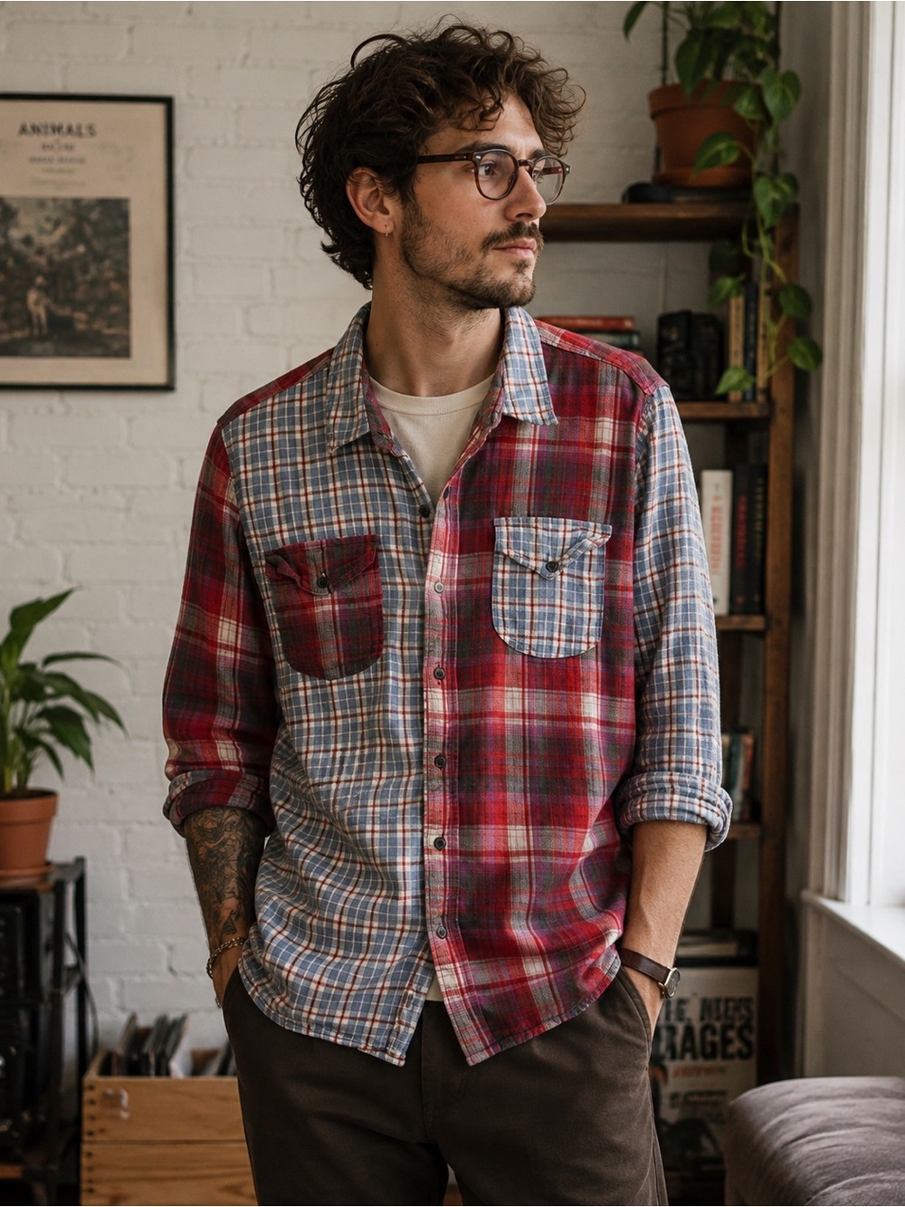 Artisan de Luxe unisex pattern block plaid gauzy casual button down shirt